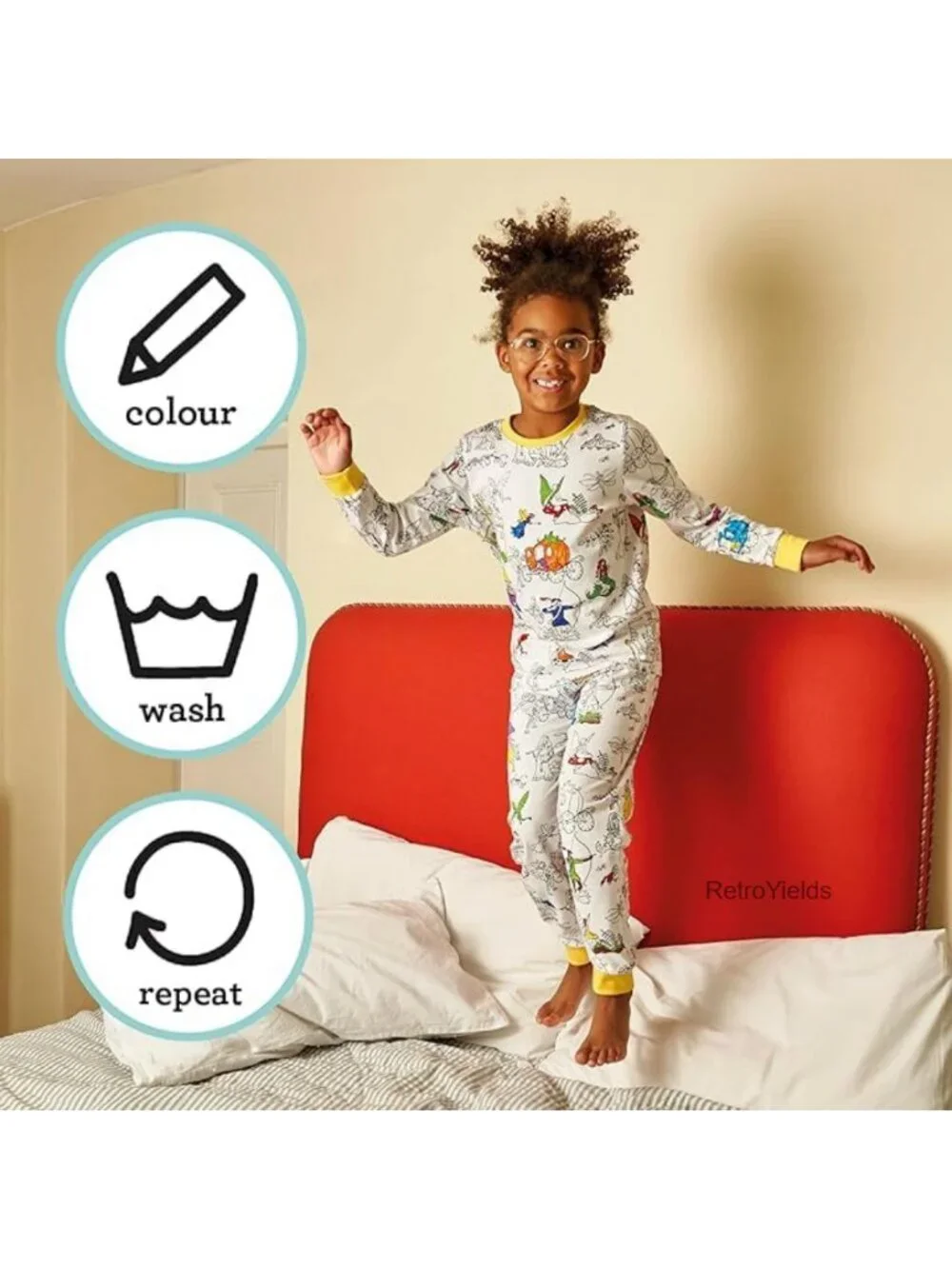 Kids Coloring Pajama Set with 10 Washable Markers, 100% Cotton, Long Sleeve,